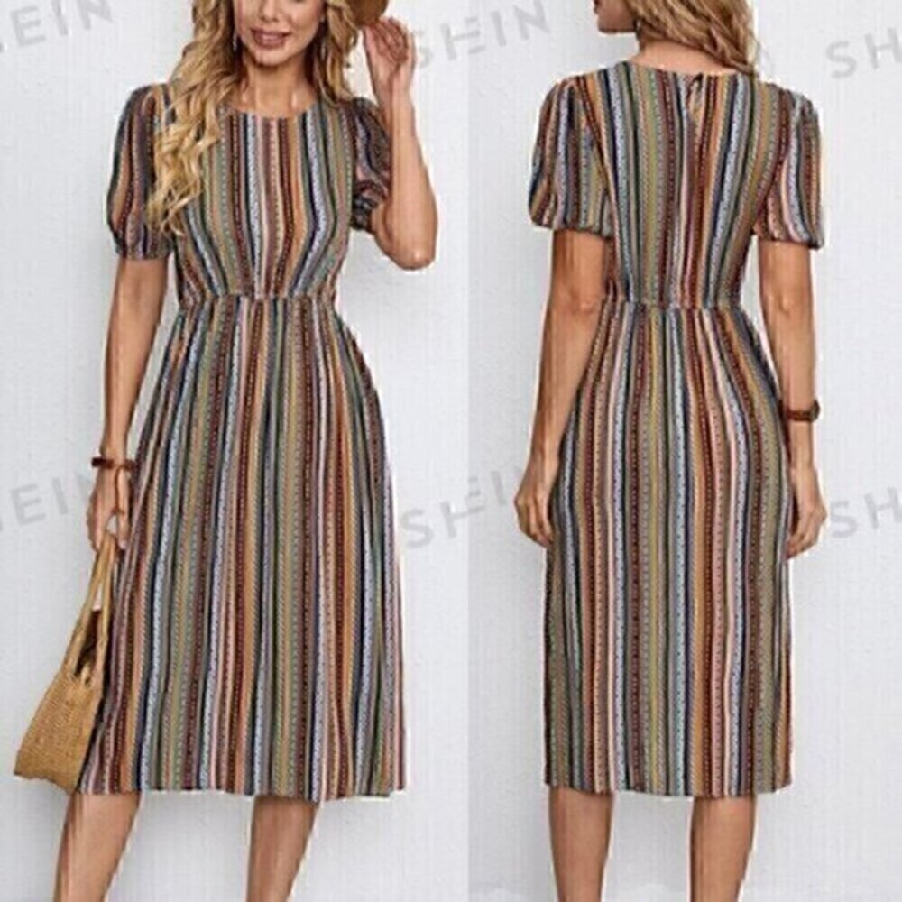 EMERY ROSE SHEIN Striped Puff Sleeve Dress White Black Multi Geometric Boho Midi